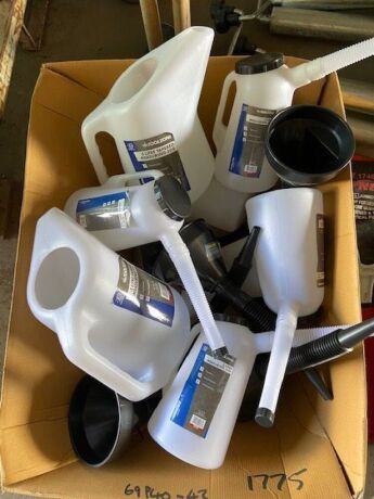 Large Box of Funnels & Jugs