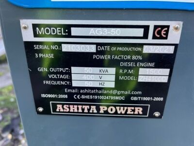 2021 Ashita AG3-50 50 KVA Portable Diesel Generator - 11