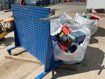 Large Qty of Misc Plastic Storage Bins and Rack 