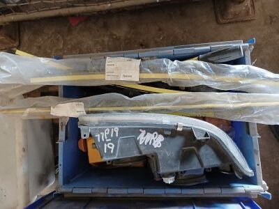 Box of Tank Straps, Bench Grinder, Twistlock Parts & Wiper Blades