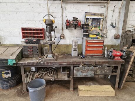 Workbench, Bench Grinder, Pillar Drill & Misc Tools