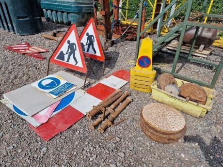 Qty of Signs, Cones, 6 x Manhole Covers, Pipe Bungs + Small Acro Props