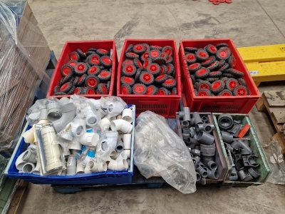 3 x Pallets of Outdoor Lights, Wheels, Signs, Fixings, Pipe Fittings, Solenoid Coils etc