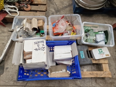 3 x Pallets of Outdoor Lights, Wheels, Signs, Fixings, Pipe Fittings, Solenoid Coils etc - 3