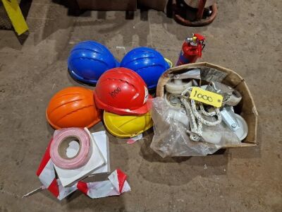 Box of Castors, Hard Hats. Fire Extinguisher & Safety Tape