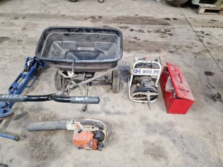 Stihl Leaf Blower + Workshop Body Repair Kit + Petrol GH 800 Compressor + Pull Along Spreader