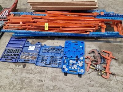 Quantity of Various Clamps + Set of Screwfix Sockets + Sealey AK219 Torx & Allen Key Set + Case of Wood Auger Drills + Pagid Brake Service Tool