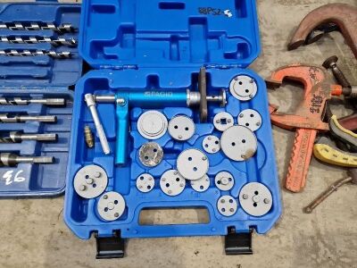 Quantity of Various Clamps + Set of Screwfix Sockets + Sealey AK219 Torx & Allen Key Set + Case of Wood Auger Drills + Pagid Brake Service Tool - 3