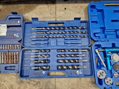 Quantity of Various Clamps + Set of Screwfix Sockets + Sealey AK219 Torx & Allen Key Set + Case of Wood Auger Drills + Pagid Brake Service Tool - 4