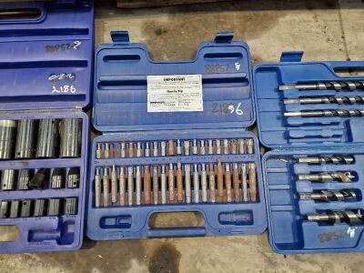 Quantity of Various Clamps + Set of Screwfix Sockets + Sealey AK219 Torx & Allen Key Set + Case of Wood Auger Drills + Pagid Brake Service Tool - 5