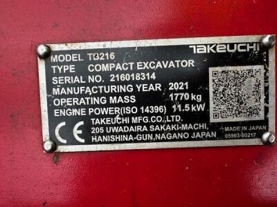 2021 Takeuchi TB216 Mini Digger - 12