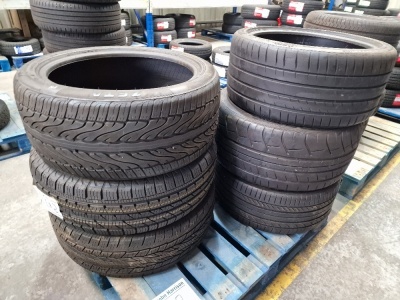 6x Used & Unused Tyres; 1x Unused Continental 255/60 R18, 1x Used Continental 255/35 R19, 1x Used Continental 255/60 R18, 1x Used Michelin 275/35 ZR19, 1x Used Azur 275/40 ZR20, 1x Used Dunlop 285/35 ZRF20