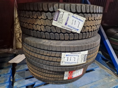 3x Unused Tyres; 2x Pirelli 245/70 R17.5, 1x Lead Tire 245/70 R17.5