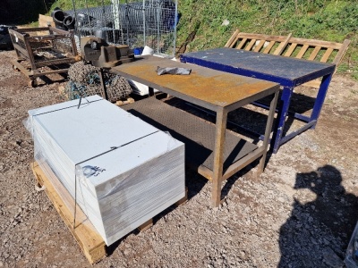 2 x Steel Workbenches (1 with Record Vice) & Filing Cabinet