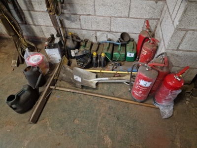 Qty Misc Shovels, Brushes, Fire Extinguishers, Fuel Cans etc