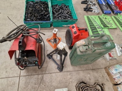 Welder, Heater, Axle Stands and Jerry Can