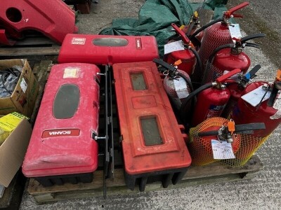 Pallet of Fire Extinguishers & 3 Enclosures 