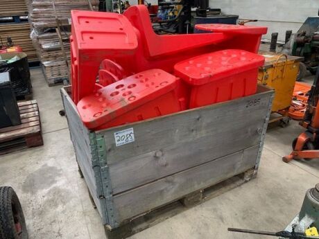 Wooden Pallet Including An Assorted of Red Plastic Fire Extinguisher Stands