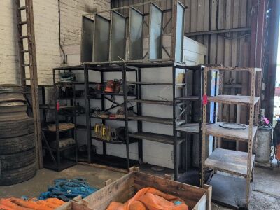 7x Metal Racking Shelving Units c/w: Contents & 1x Set of Wooden Ladders