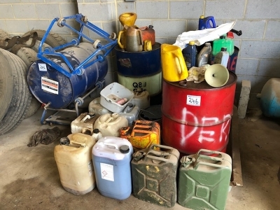 Qty of Misc Lubricants, Drum, Sand + Trolley 