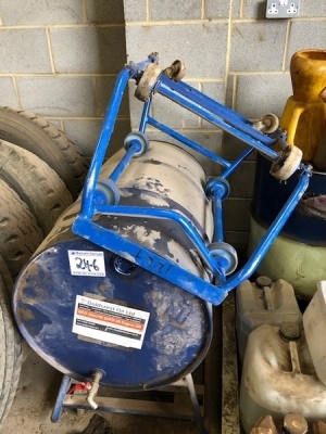 Qty of Misc Lubricants, Drum, Sand + Trolley  - 2