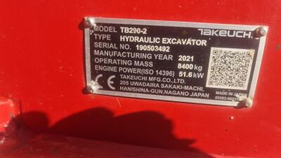 2021 Takeuchi TB290-2 Excavator - 12