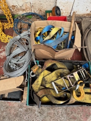 Pallet of Straps, Ratchets & Small Wire Ropes
