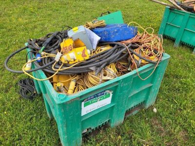 Qty of 110v Extension Leads and Junction Boxes in Plastic Stillage