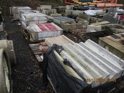 Large Qty of Misc Concrete Curb Stones, Edging Slabs, Manhole Frames, Fence Posts Etc