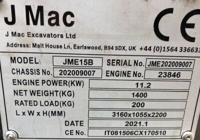 2021 Unused JME 15B Mini Digger - 9