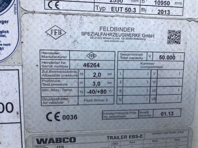 2013 Feldbinder Triaxle 50m³  3 Pot Powder Tanker - 6